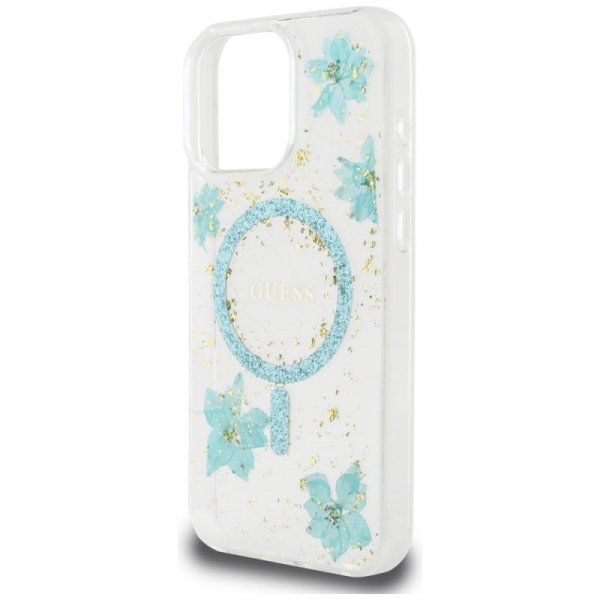 Etui Guess Resin Flowers Glitter MagSafe do iPhone 16 Pro turkusowy