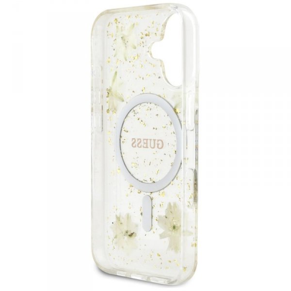 Etui Guess Resin Flowers Glitter MagSafe do iPhone 16 beżowy