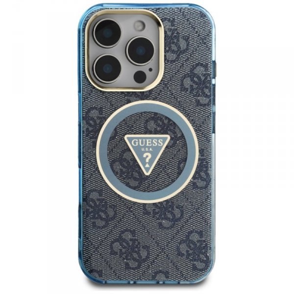 Etui Guess IML Metal Glitter 4G Circle   Triangle MagSafe do iPhone 16 Pro niebieski