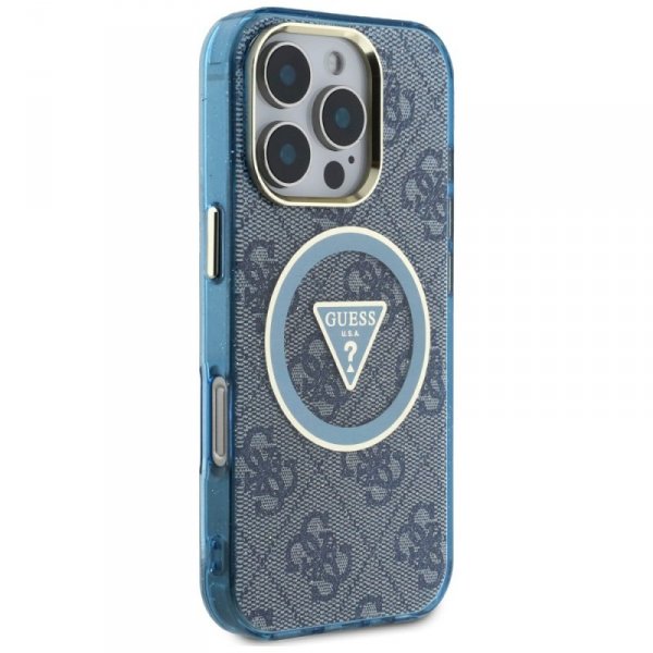 Etui Guess IML Metal Glitter 4G Circle   Triangle MagSafe do iPhone 16 Pro niebieski