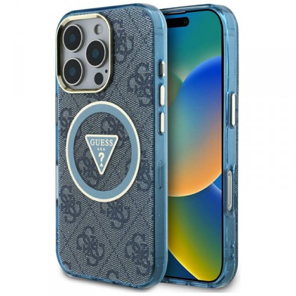 Etui Guess IML Metal Glitter 4G Circle   Triangle MagSafe do iPhone 16 Pro Max niebieski