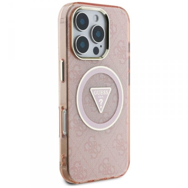 Etui Guess IML Metal Glitter 4G Circle   Triangle MagSafe do iPhone 16 Pro różowy