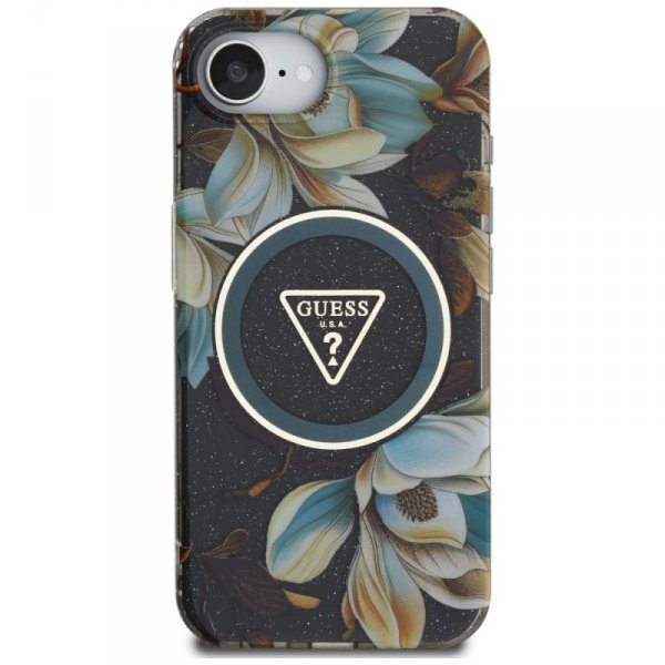Etui Guess IML Metal Glitter Flowers     Triangle MagSafe do iPhone 16e czarny