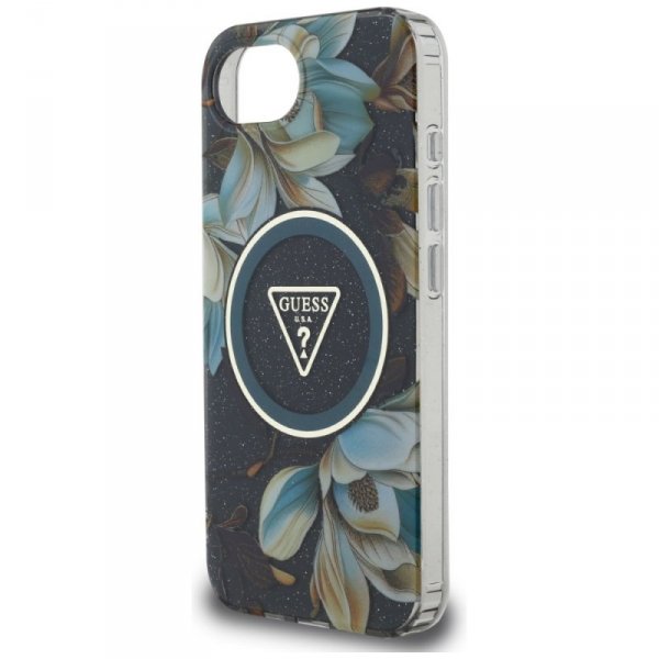 Etui Guess IML Metal Glitter Flowers     Triangle MagSafe do iPhone 16e czarny