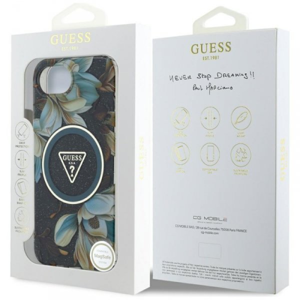 Etui Guess IML Metal Glitter Flowers     Triangle MagSafe do iPhone 16e czarny