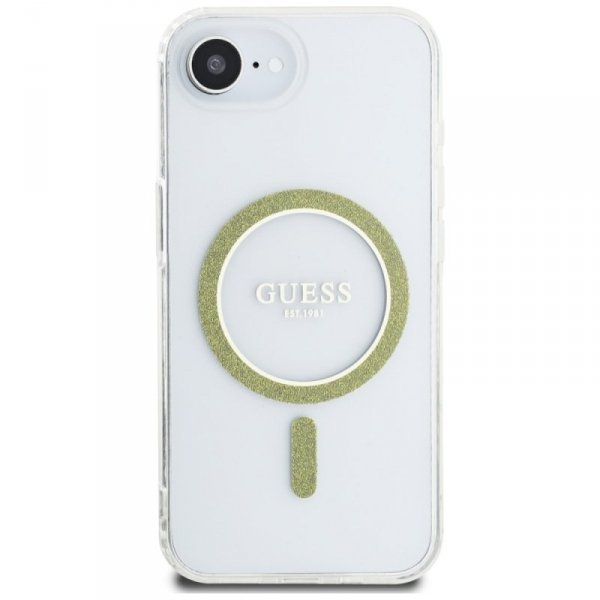Etui Guess IML Glitter Circle MagSafe do iPhone 16e przezroczysty
