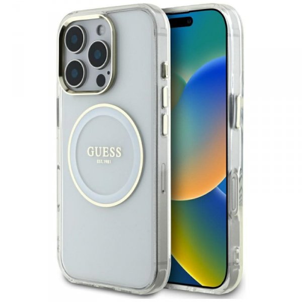 Etui Guess IML Metal Colored Circle      Classic Logo MagSafe do iPhone 16 Pro biały