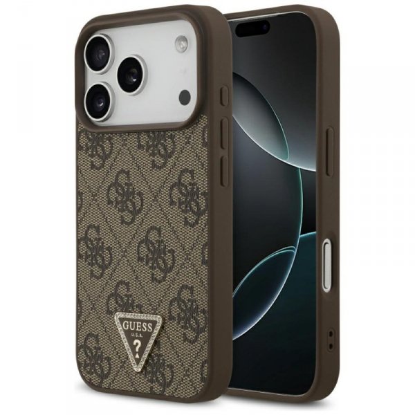 Etui Guess Leather 4G Triangle Strass    MagSafe do iPhone 17 Pro brązowy