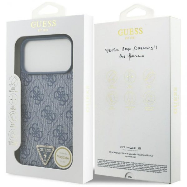 Etui Guess Leather 4G Triangle Strass    MagSafe do iPhone 17 Pro Max niebieski