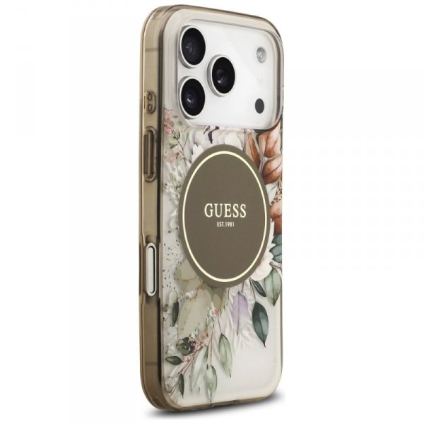Etui Guess IML Flower & Tonal Circle     MagSafe do iPhone 17 Pro brązowy
