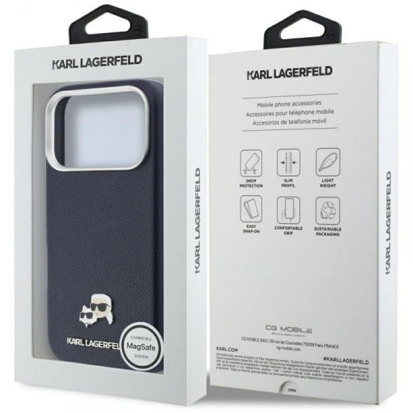 Etui Karl Lagerfeld Karl & Choupette     Head Pins Saffiano MagSafe do iPhone 17 Pro Max niebieski