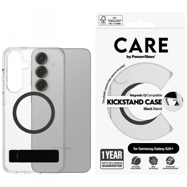 Etui CARE by PanzerGlass Feature Black   Kickstand & QI do Samsung Galaxy S25+ przezroczysty