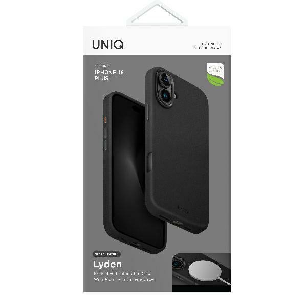 Etui UNIQ Lyden do iPhone 16 Plus – Skóra Ekologiczna – MagClick / MagSafe – Czarne