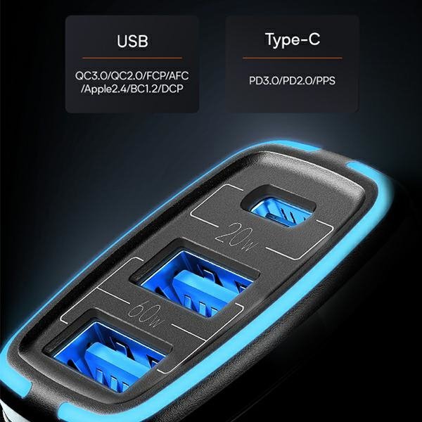 USAMS Ład. sam. 2xUSB+1xUSB-C C24 80W(only head) Fast Charge czarny/black CC126TC01 (US-CC126)