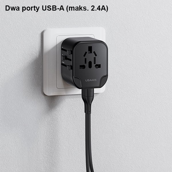 USAMS Adapter siec. 2xUSB T55 12W4w1 US/AU/EU/UK czarny/black CC173TC01 (US-CC173) Univesal Travel Charger