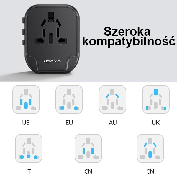 USAMS Adapter siec. 2xUSB T55 12W4w1 US/AU/EU/UK czarny/black CC173TC01 (US-CC173) Univesal Travel Charger