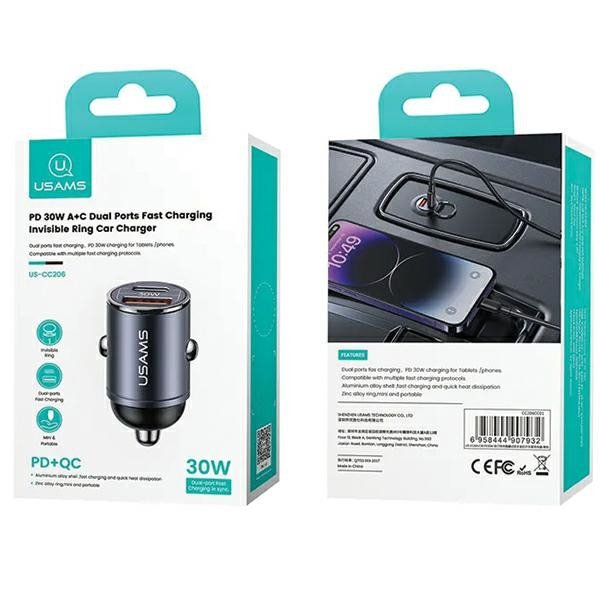 USAMS Ład. sam. 1xUSB+1xUSB-C C38 30WPD Fast Charge z wbudowanym pieścieniem stalowy/tarnish CC206CC01 (US-CC206)