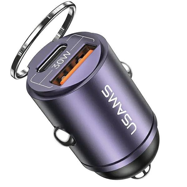 USAMS Ładowarka samochodowa  1xUSB+1xUSB-C C38 30W PD Fast Charge z wbudowanym pieścieniem fioletowy/purple CC206CC02 (US-CC206)