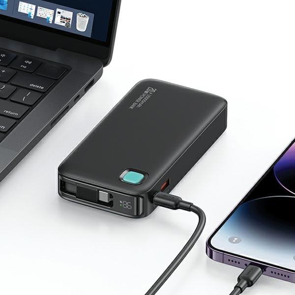 USAMS Powerbank ze zwijanym kablem USB-CRetractable 10000 mAh PD 20W Fast Charge XY Series czarny/black 10KCD22401(US-CD224)