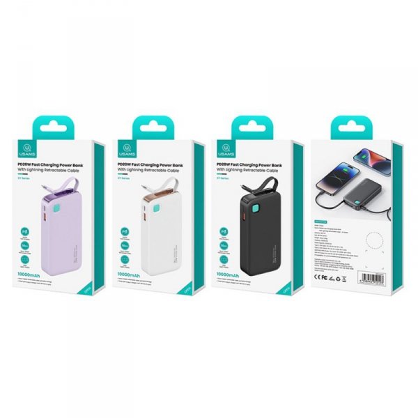 USAMS Powerbank ze zwijanym kablemRetractable Lightning 10000 mAh PD 20W Fast Charge XY Series biały/white 10KCD22502 (US-CD225)