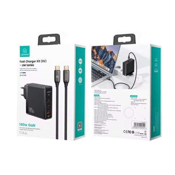 USAMS Ładowarka sieciowa 2xUSB-C+1xUSB T52PD140W PD Fast Charging US-CC168 + kabel U82 USB-C/USB-C US-SJ581 240W czarny/black UM Series 