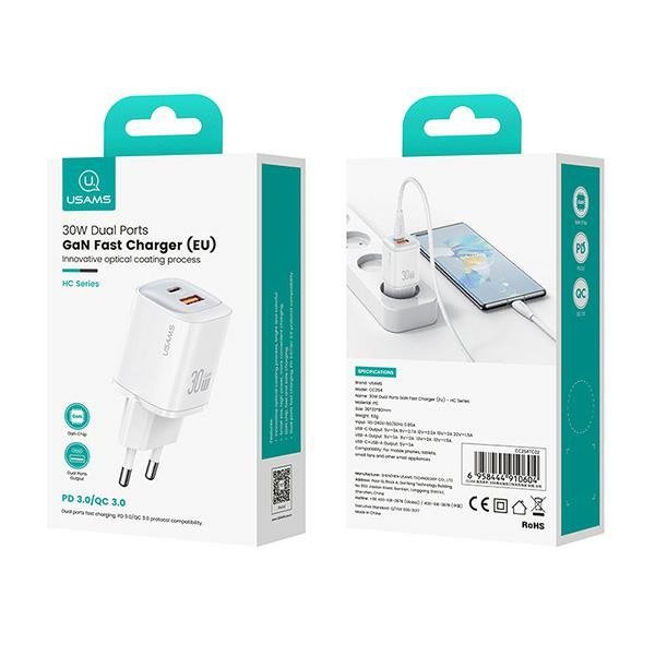 USAMS Ład. siec. CC254 30W GaNUSB-C/USB-A Fast Charging HC Series fioletowy/purple CC254TC03