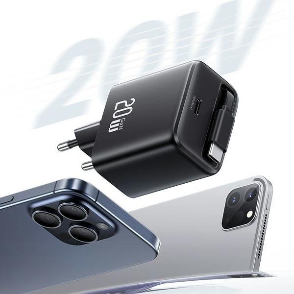 USAMS Ład. siec. 1xUSB-C ze zwijanymkablem USB-C Retractable PD+QC 20W Gan Fast Charging czarny/black YC Series CC233TC01 (US-CC