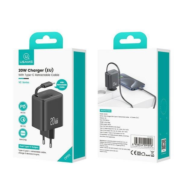 USAMS Ład. siec. 1xUSB-C ze zwijanymkablem USB-C Retractable PD+QC 20W Gan Fast Charging czarny/black YC Series CC233TC01 (US-CC