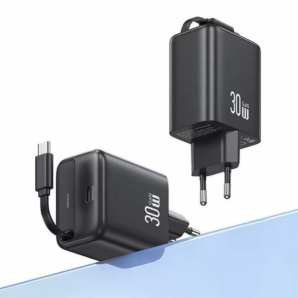 USAMS Ład. siec. 1xUSB-C ze zwijanymkablem USB-C Retractable PD+QC 30W Gan Fast Charging czarny/black YC Series CC241TC01 (US-CC