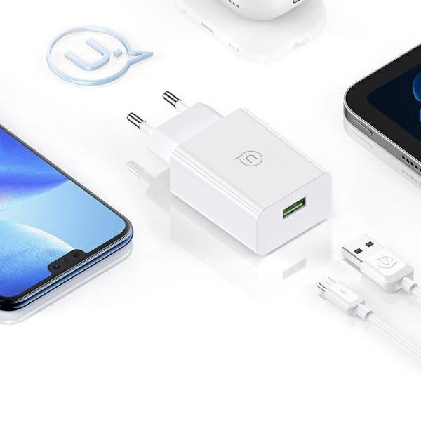 USAMS Ład. siec. 18W + kabel Micro/USB-A1m Fast Charging biały/white series SC SCXLTZ01