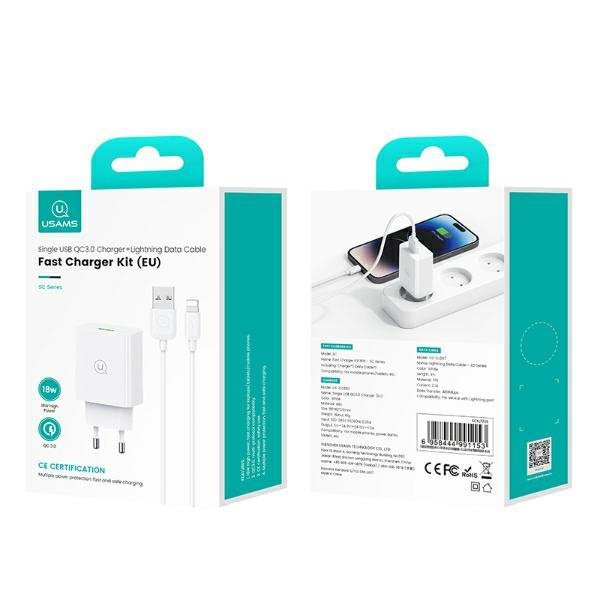 USAMS Ład. siec. 18W + kabel Lightning/USB-A Fast Charging biały/white series SC SCXLTZ03