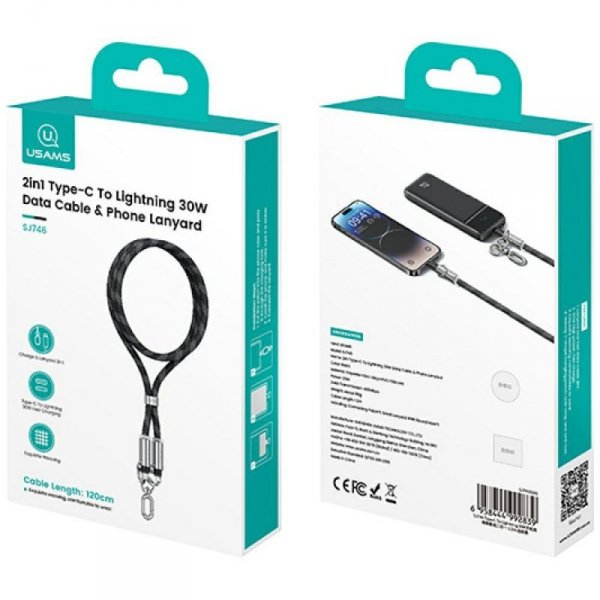 Smycz do telefonu z kablem do ładowania  Usams SJ746 30W USB-C do Lightning 1.2m czarny