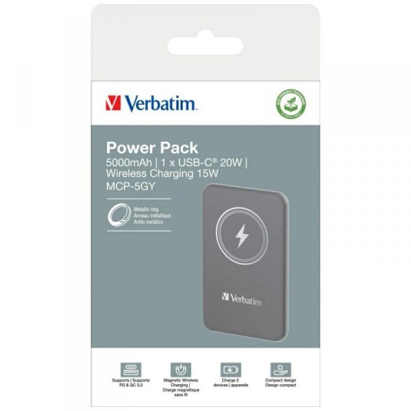 Verbatim Powerbank indukcyjny `n` Go 15W5000mAh Wireless Magnetic szary/grey 32244