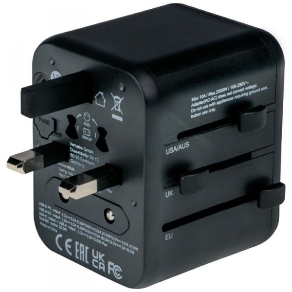 Verbatim Adapter podróżny EU/UK/US2xUSB-A/USB-C PD 20W UTA-02 czarny/black 49544
