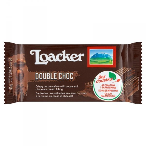 Loacker Double Choc Chrupiące wafle kakaowe przekładane kremem kakaowo czekoladowym 45 g