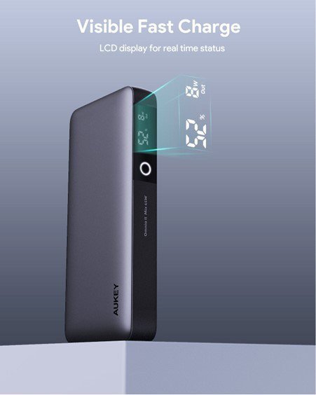 AUKEY POWERBANK 20000MAH, 2X USB-C PD 65W, USB-A 18W, SZARY
