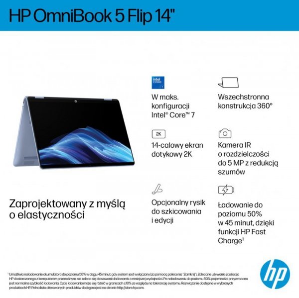 HP OmniBook 5 Flip 14-fp0004nw Core 5 120U 14"2K Touch IPS 300nits 16GB LPDDR5 5200 SSD512 Intel Graphics Cam 1080p 68Wh Win11 Blue Sky 2Y