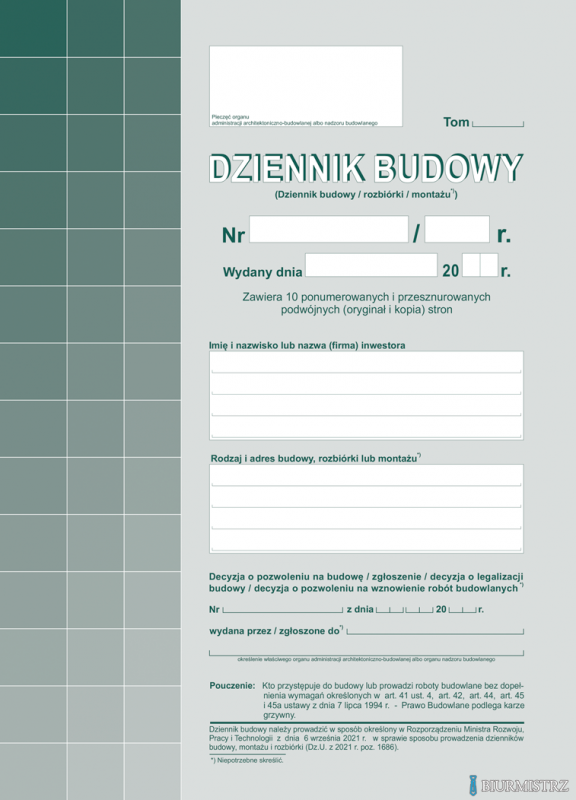 603-S11 Dziennik  Budowy A4, 20str.  (10 kompletów oryginał+kopia) samokopia Michalczyk i Prokop