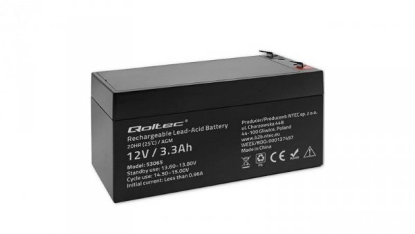 Qoltec Akumulator AGM 12V 3.3Ah Bezobsługowy Wydajny LongLife do UPS, wagi, kasy