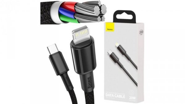KABEL USB-C -igt/br Lightning / iPhone Baseus Cafule CATLGD-A01 2m 20W PD Quick Charging CZARNY W OPLOCIE