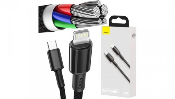 KABEL USB-C -igt/br Lightning / iPhone Baseus Cafule CATLGD-01 1m 20W PD Quick Charging CZARNY W OPLOCIE