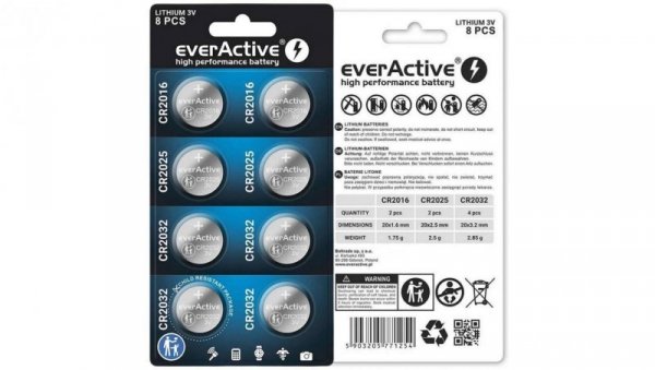 Zestaw 8 baterii 3,0V 4x CR2032 2x CR2025 2x CR2016 everActive