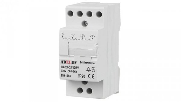 TRANSFORMATOR DZWONKOWY MODUŁOWY NA DZWONEK NA SZYNĘ TD8 230V 8V 12V 24V TD-230-24/12/8V