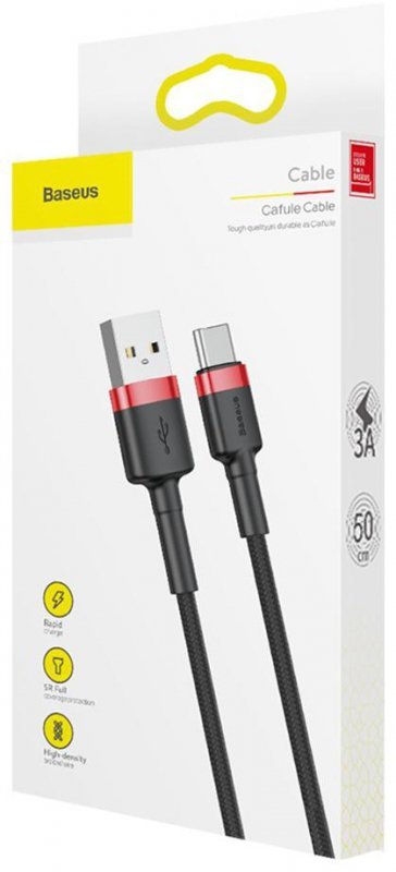 KABEL USB-A -&gt; USB-C Baseus Cafule CATKLF-A91 50cm 3A QC 3.0 CZARNO-CZERWONY W OPLOCIE