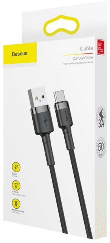 KABEL USB-A -&gt; USB-C Baseus Cafule CATKLF-AG1 50cm 3A QC 3.0 CZARNO-SZARY W NYLONOWYM OPLOCIE