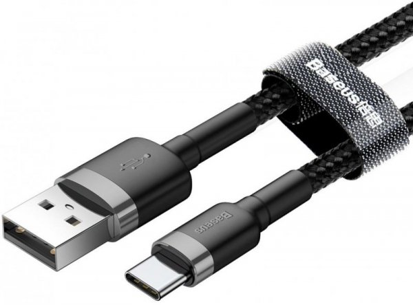 KABEL USB-A -&gt; USB-C Baseus Cafule CATKLF-BG1 100cm 3A QC 3.0 CZARNO-SZARY W NYLONOWYM OPLOCIE