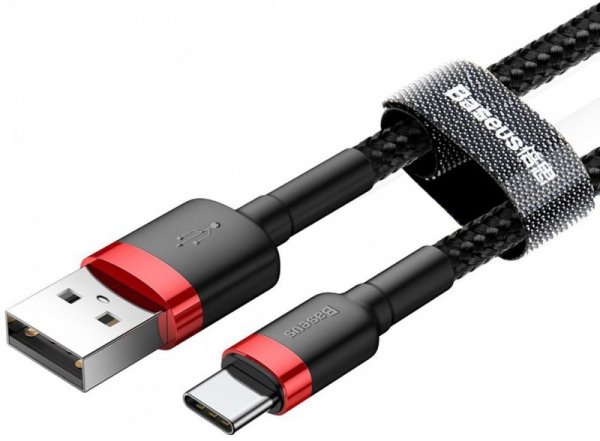 KABEL USB-A -&gt; USB-C Baseus Cafule CATKLF-C91 200cm 2A QC 3.0 CZARNO-CZERWONY W OPLOCIE