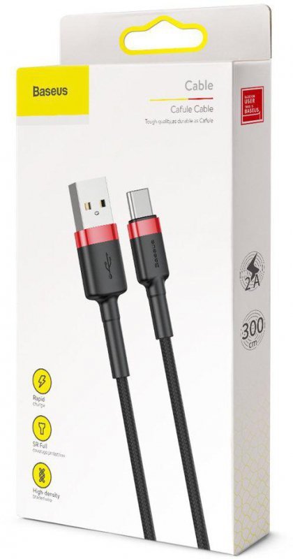 KABEL USB-A -&gt; USB-C Baseus Cafule CATKLF-U91 300cm 2A QC 3.0 CZARNO-CZERWONY W OPLOCIE