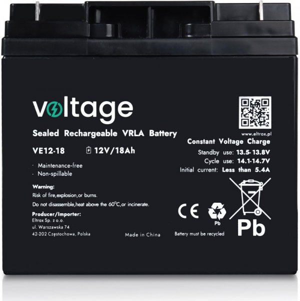 Akumulator AGM Voltage 12V 18Ah VE12-18 (Żywotność 6-9 lat)