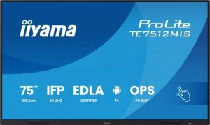 IIYAMA Monitor 75 cali TE7512MIS-B4AG  40pkt,IPS,4K,24/7,7H,                ANDROID 14, RK3576, 8/128GB, EDLA, Essential